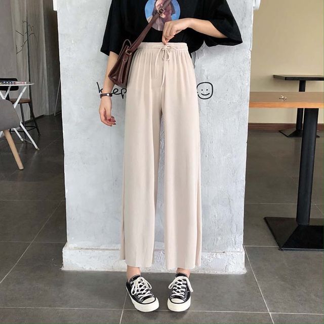 Magimomo-Drawstring Waist Plain Cropped Wide Leg Pants