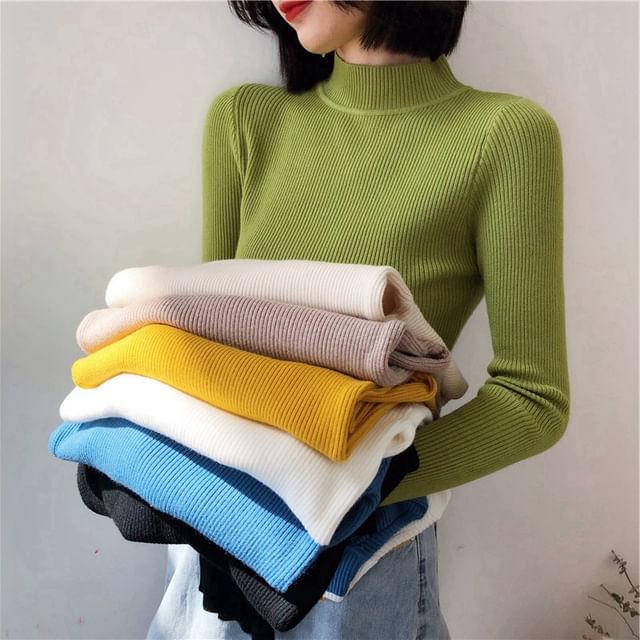 Dragan Pulse-Long-Sleeve High Neck Plain Ribbed Knit Top