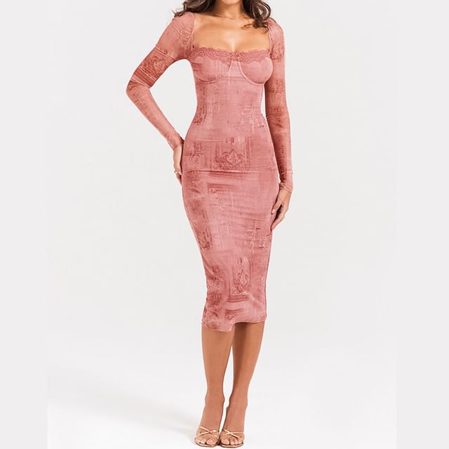 Long-Sleeve Square Neck Print Lace Trim Tie Back Midi Bodycon Dress Long-Sleeve Square Neck Print Lace Trim Tie Back Midi Bodycon Dress