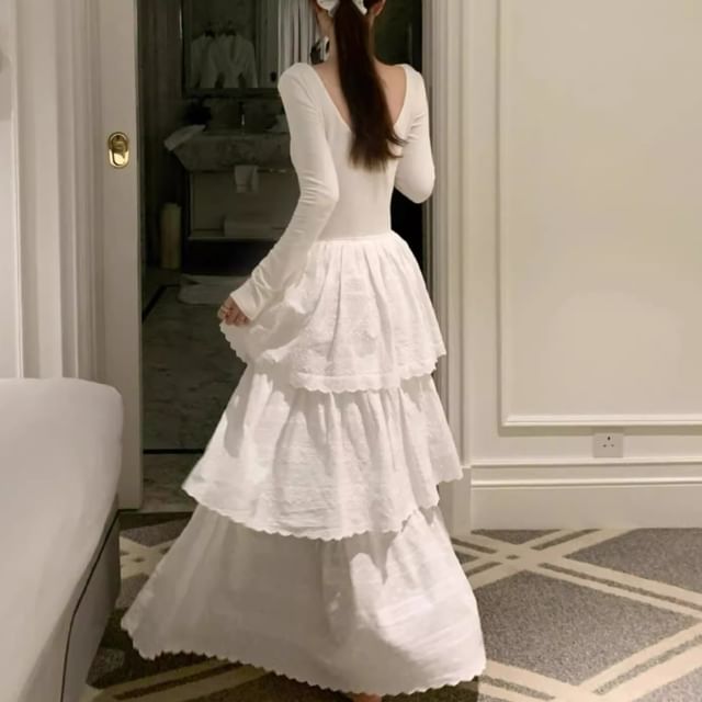 knee length dresses for ladies James Tiered Maxi White – A Closet Full of Dresses main image 1