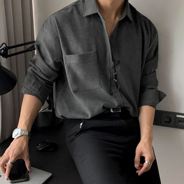 Nightbell-Long-Sleeve Plain Button-Up Shirt