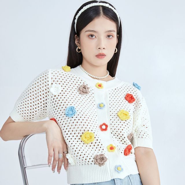 MISHI CLUB - Elbow-Sleeve Flower Applique Crochet Cardigan | YesStyle
