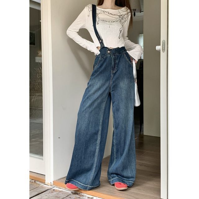 Gilmort Wide Leg Denim Suspender Pants YesStyle