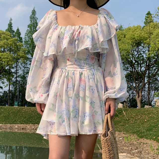 floral bell sleeve corset mini dress Floral Bell Sleeve Corset Mini Dress
