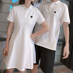 Azure - Couple Matching Short-Sleeve Heart Embroidered Polo Shirt / Shorts / Short-Sleeve Polo Dress