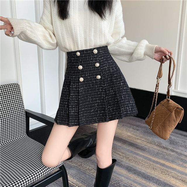 Yako - High-Rise Double-Breasted Tweed Accordion Pleat Mini Skirt ...