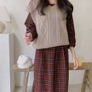 VICKIE - Cable Knit Vest / Plaid Long-Sleeve A-Line Midi Dress | YesStyle