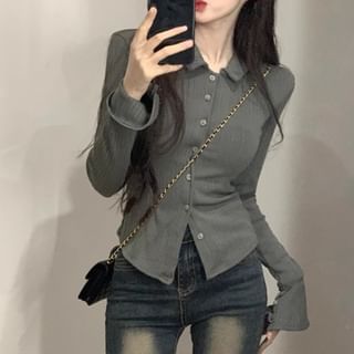 Bigfol-Flared-Cuff Plain Ribbed Button-Up Shirt