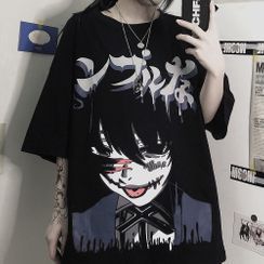 Banash - Cartoon Print Elbow-Sleeve T-Shirt Banash - Cartoon Print Elbow-Sleeve T-Shirt