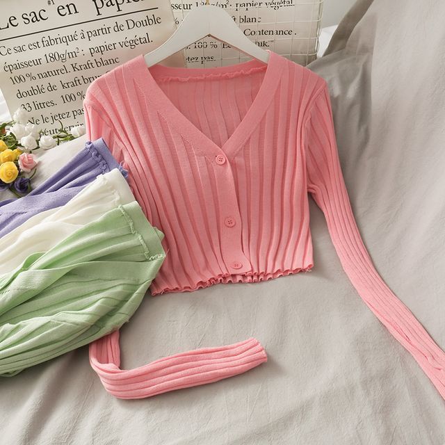 Lemongrass-Button-Up Crop Knit Top