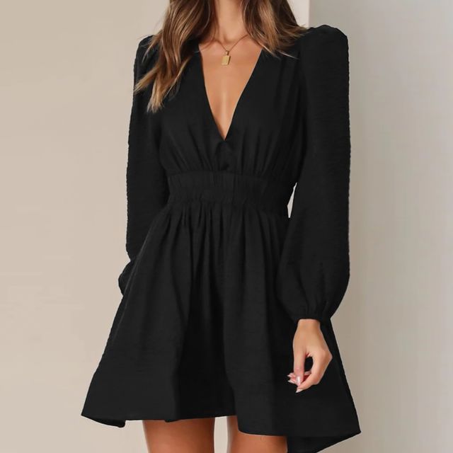 mikkoza - Long-Sleeve V-Neck Plain Mini A-Line Dress | YesStyle