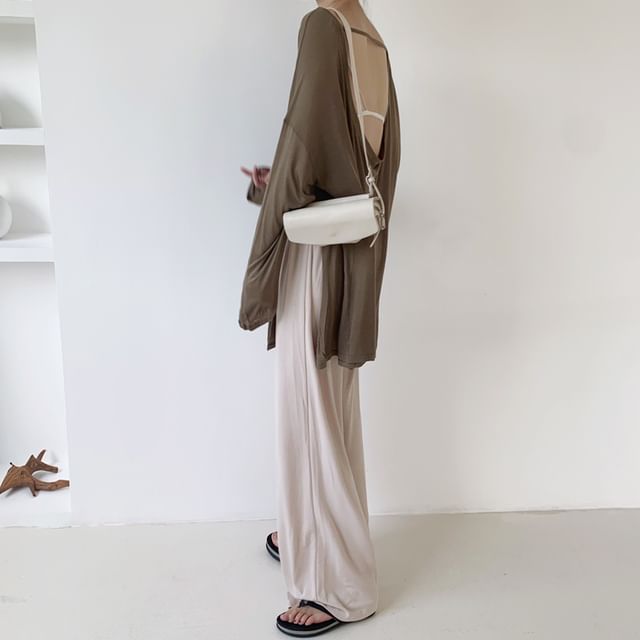 Shopherd-Long Sleeve Crew Neck Plain Backless T-Shirt Mid Rise Plain Wide Leg Pants