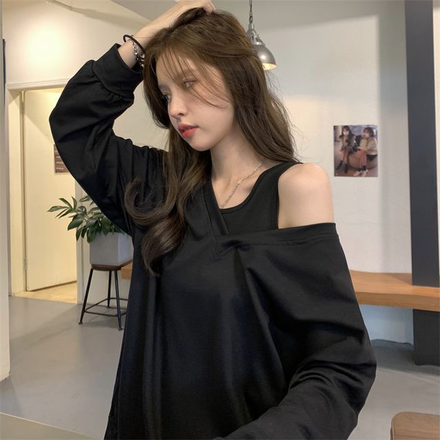 Everose-Mock Two-Piece Long-Sleeve V-Neck Plain Tee
