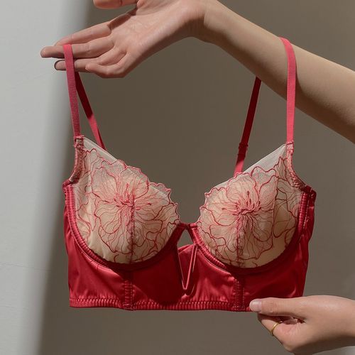 Unlined Embroidered Bra - Red flower embroidered