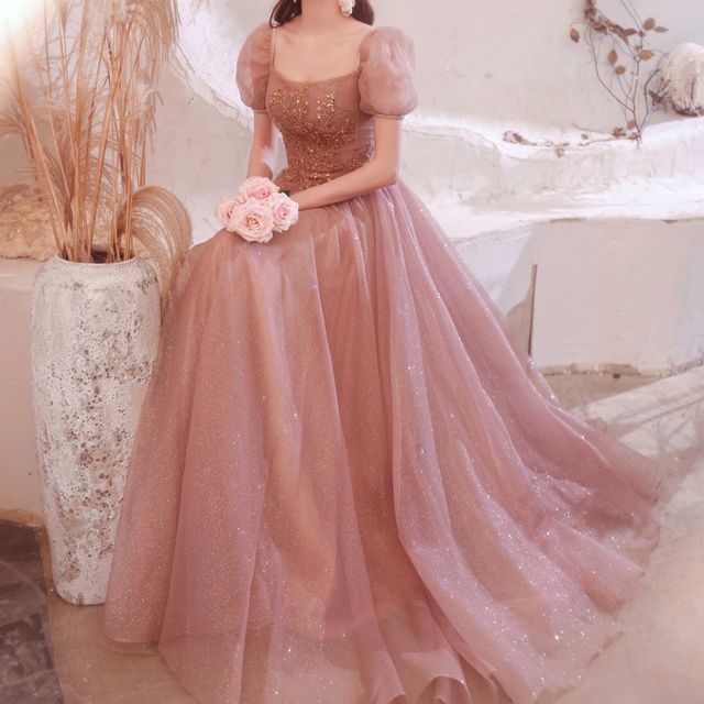 Big Tulle Puffy Dress Ball Gown Pink Tailored Dresses With Sleeves Fioridi  Puff-Sleeve Sequined A-Line Evening Gown YesStyle