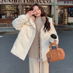 Long Sleeve Lettering Print Furry-Trim Hooded Zip-Up Jacket