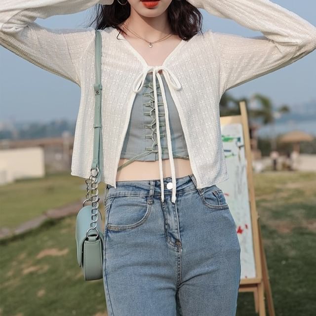 Essere-V-Neck Plain Tie Front Crop Light Jacket