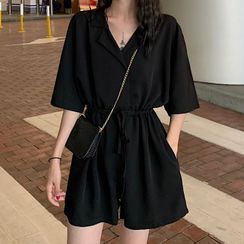 Closette - Elbow-Sleeve Lapel Drawstring Playsuit Closette - Elbow-Sleeve Lapel Drawstring Playsuit