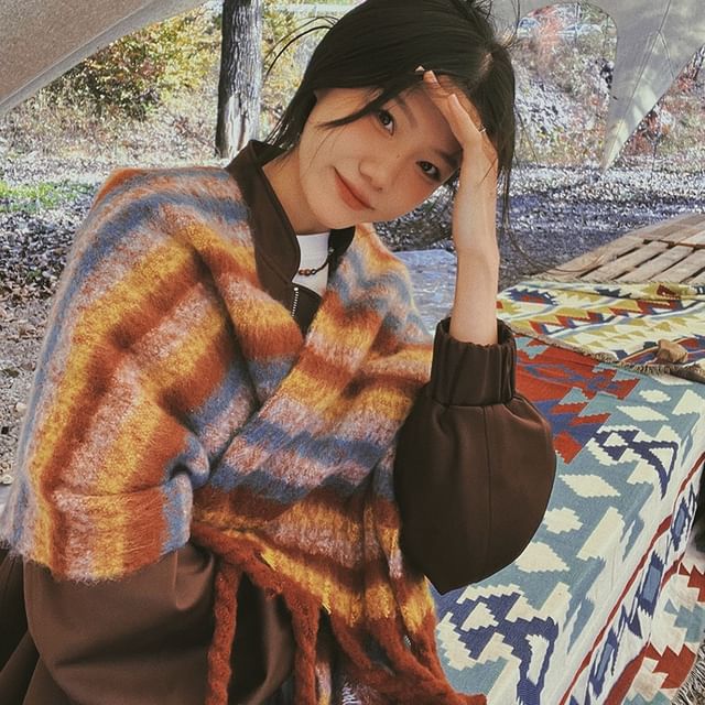 TAAK-Striped Fringed Scarf
