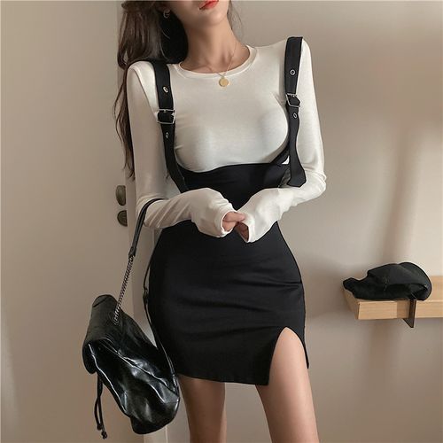 Plain Long-Sleeve Top / High Waist Suspender Skirt