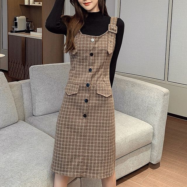 Alumna - Mock Neck Plain Knit Top / Plaid Midi Jumper Dress / Set | YesStyle