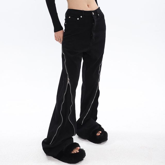 SPUCIKLEI-Low Rise Plain Zip Slit Bootcut Jeans