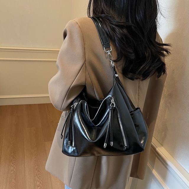 Skyglow-Zip Panel Faux Leather Shoulder Bag