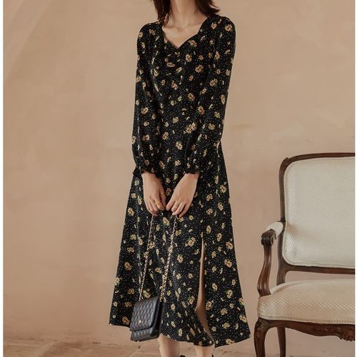 MIGU - Puff-Sleeve Floral Print Midi A-Line Dress | YesStyle