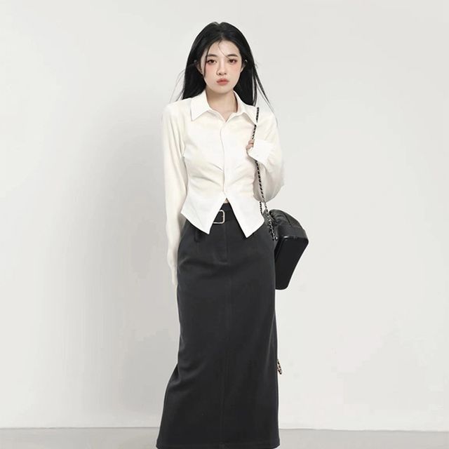 Everose-Long-Sleeve Plain Crop Shirt