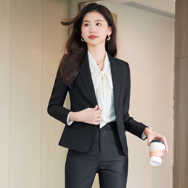 Skyheart Plain Single-Button Blazer Tie-Neck Blouse Cropped