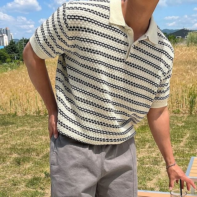 Omozando-Short-Sleeve Collar Striped T-Shirt