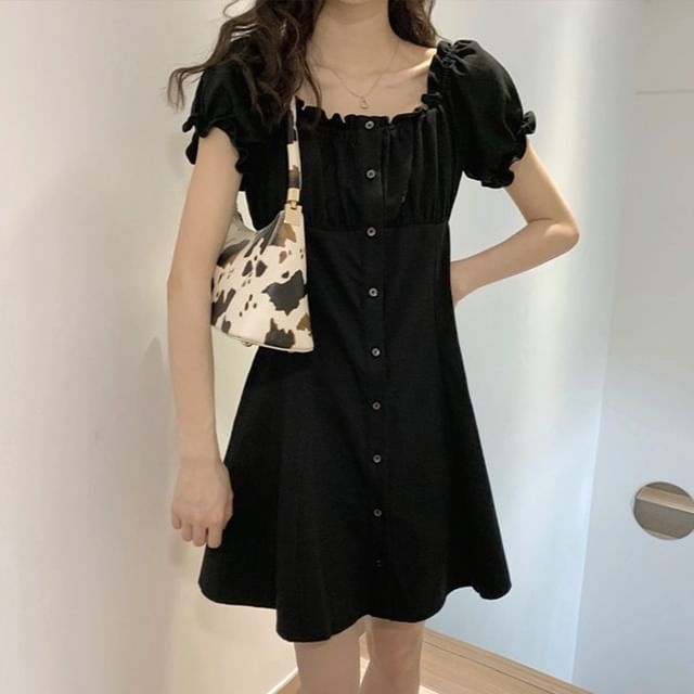 Sisyphi-Puff-Sleeve Off-Shoulder Frill Trim Button-Up Plain Mini A-Line Dress