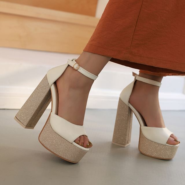 Freesia-Ankle Strap Glitter Platform Chunky Heel Pumps