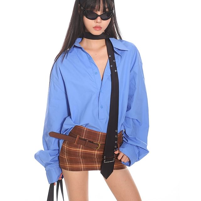 AXEN-Puff-Sleeve Henley Plain Oversized Shirt
