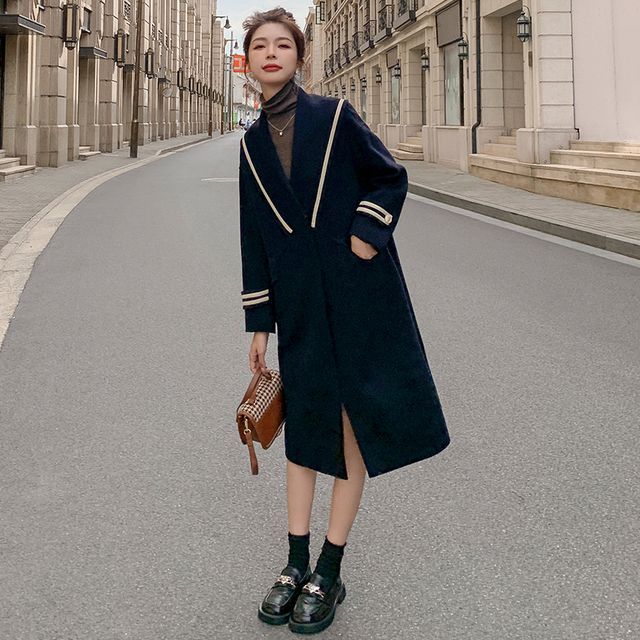 Tzarkozy - Sailor Collar Striped Panel Button-Up Long Coat | YesStyle