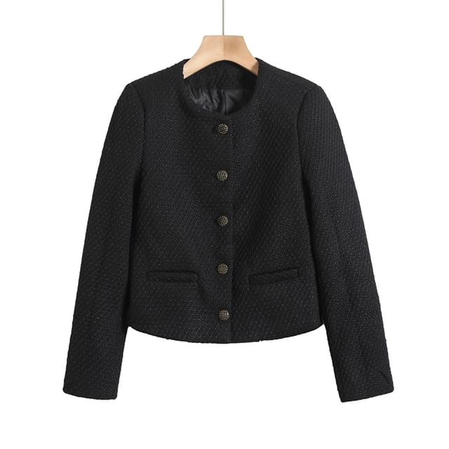 Ulark-Round Neck Plain Tweed Button Jacket