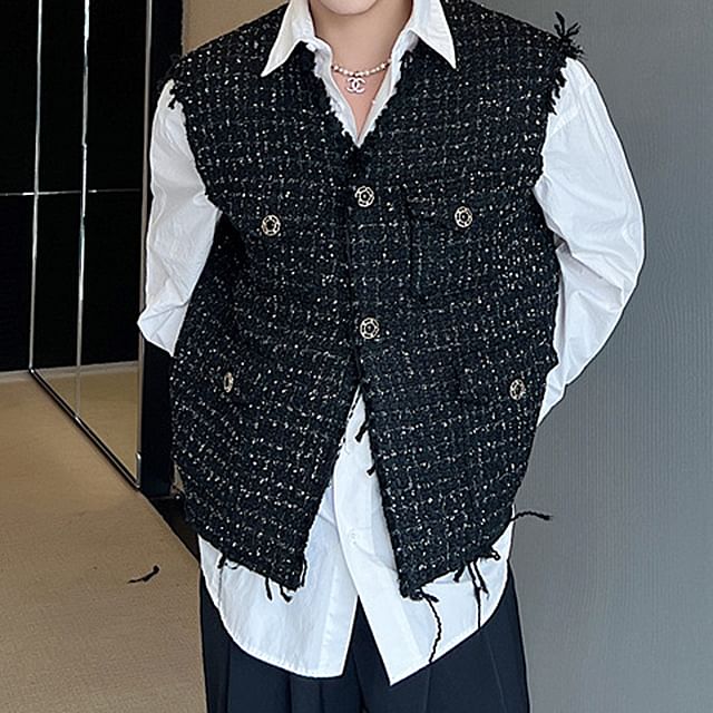 Omozando-Tweed Tasseled Button-Up Vest