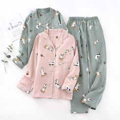 Rabenda - 情侶款睡衣套裝: 小貓印花襯衫 + 長褲 Rabenda - 情侶款睡衣套裝: 小貓印花襯衫 + 長褲