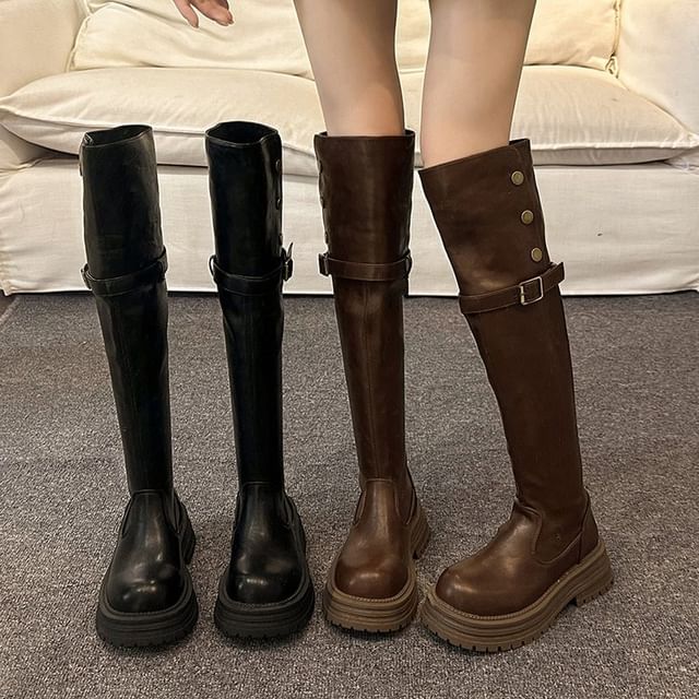 Vindler-Platform Plain Buckled Over the Knee Boots