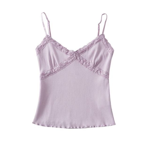 Ulark-V-Neck Plain Lace Trim Crop Camisole Top