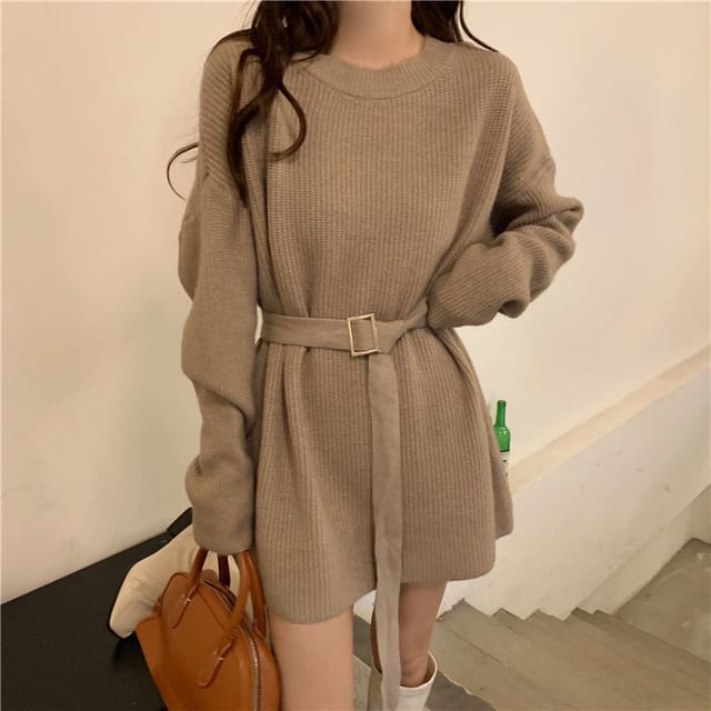 Whychunga-Set Crew Neck Plain Mini Sweater Dress Belt