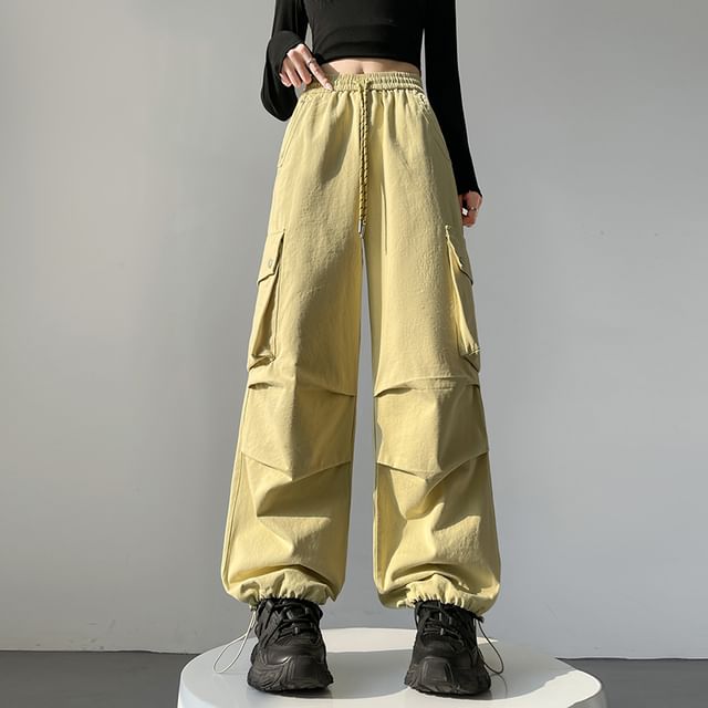 Magimomo-Drawstring Waist Plain Baggy Cargo Pants