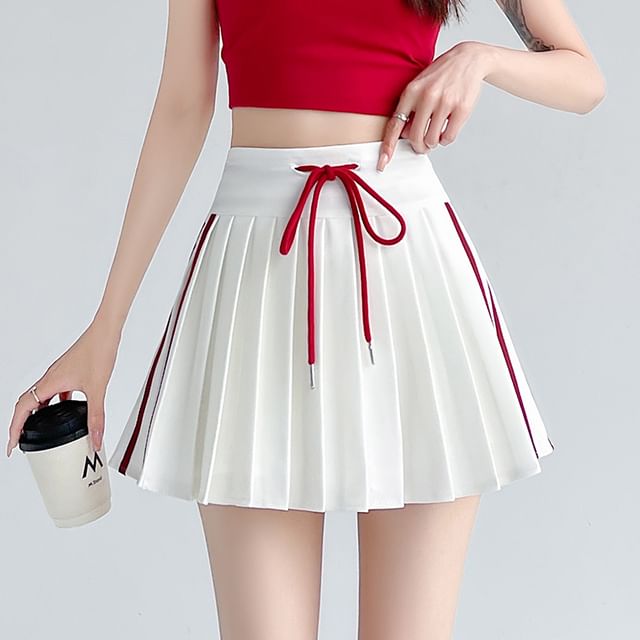 JVL-Drawstring Waist Striped Pleated Mini A-Line Skirt