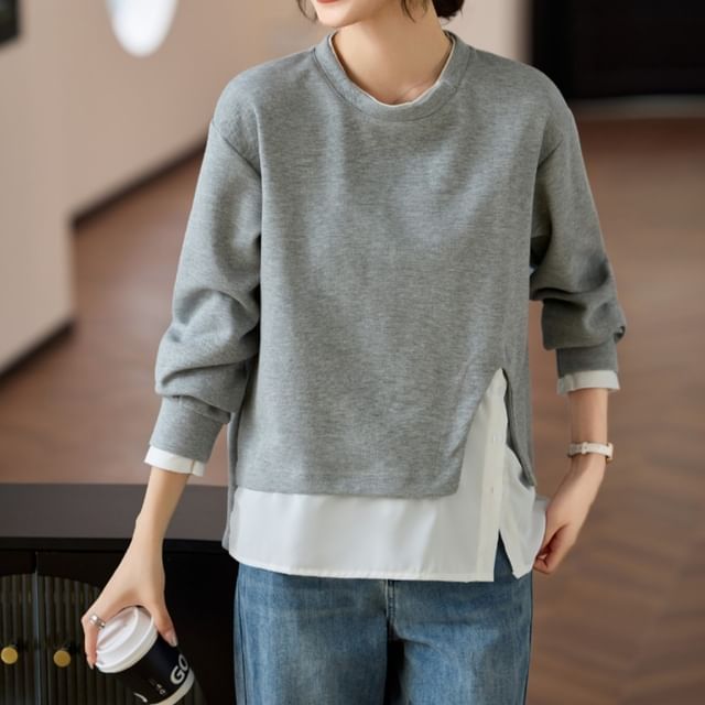 Dragan Pulse-Mock Two-Piece Crew Neck Two Tone Slit Sweatshirt