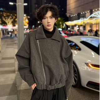 Orungeetun-Collared Plain Asymmetrical Zip-Up Jacket