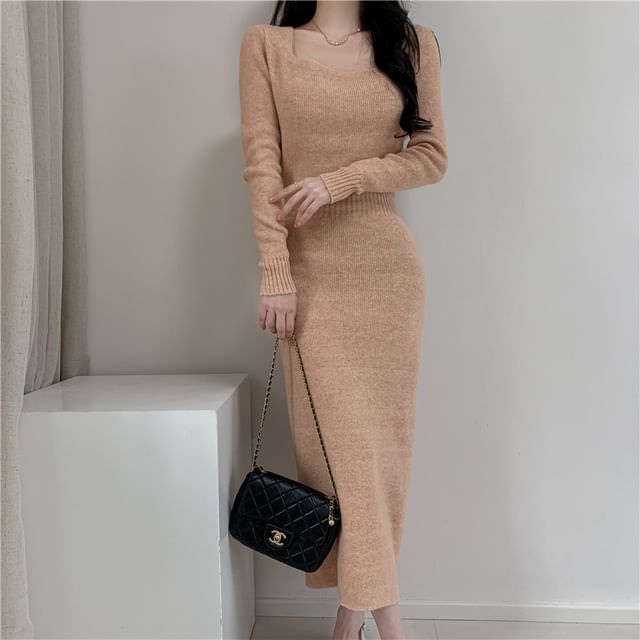 Odestra - Long-Sleeve Square Neck Ribbed Midi Sheath Knit Dress | YesStyle