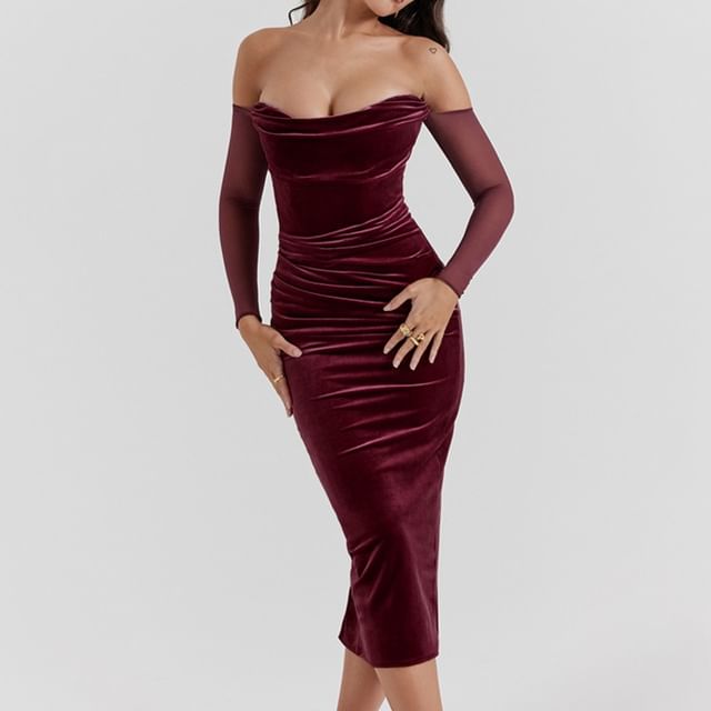 chinese dress ladies Off-Shoulder Mesh Sleeve Cut-Out Dress, Black / M main image 1