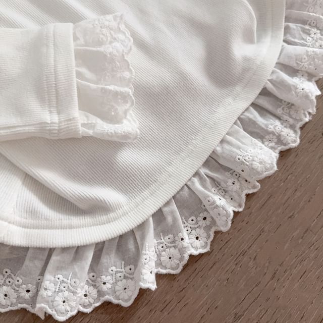 Glotto-Long Sleeve Round Neckline Lace Trim Plain Top
