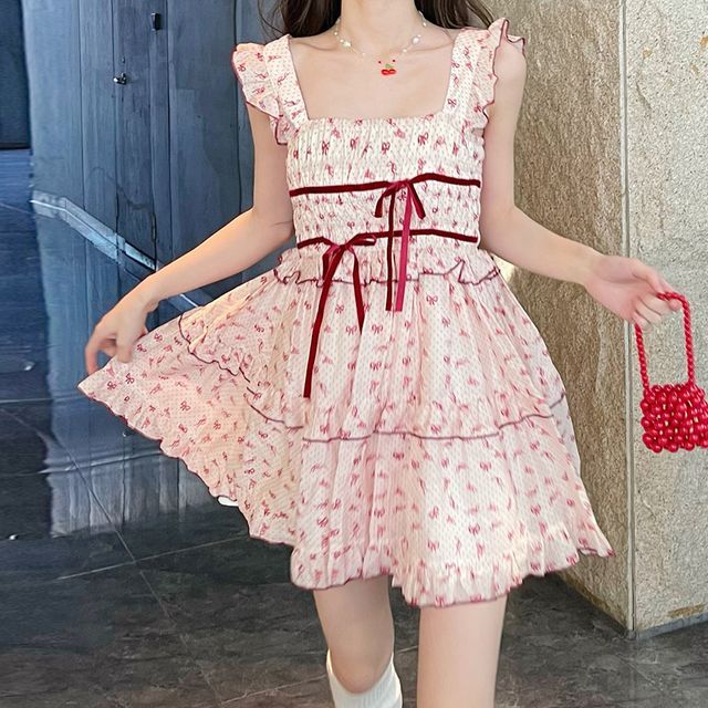 Square Neck Bow Print Velvet Ribbon Tiered Mini Dress Square Neck Bow Print Velvet Ribbon Tiered Mini Dress
