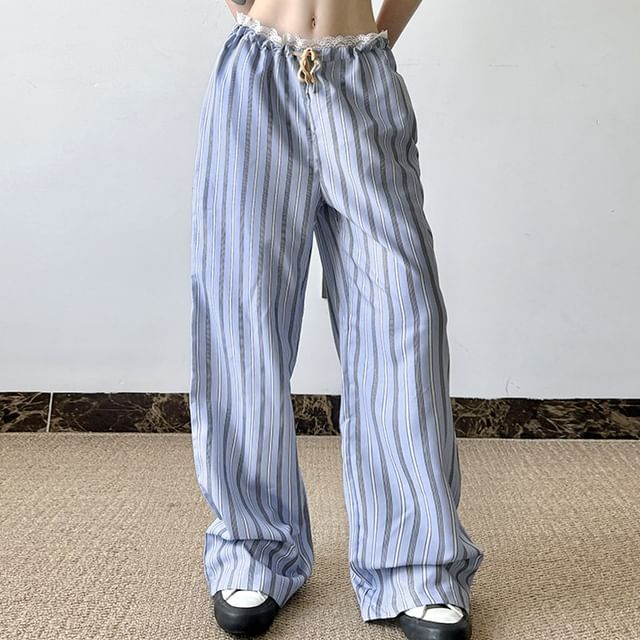 Allinya-Drawstring Waist Striped Lace Trim Baggy Pants